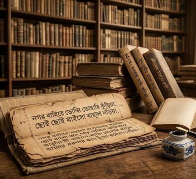 একটি প্রাচীন উন্মুক্ত পাণ্ডুলিপি, মাটির দোয়াত এবং ফাউন্টেন কলম একটি ধ্রুপদী লাইব্রেরির টেবিলে রাখা, যা বাংলা কবিতার হাজার বছরের ঐতিহ্য ও বিবর্তনকে ফুটিয়ে তুলছে।