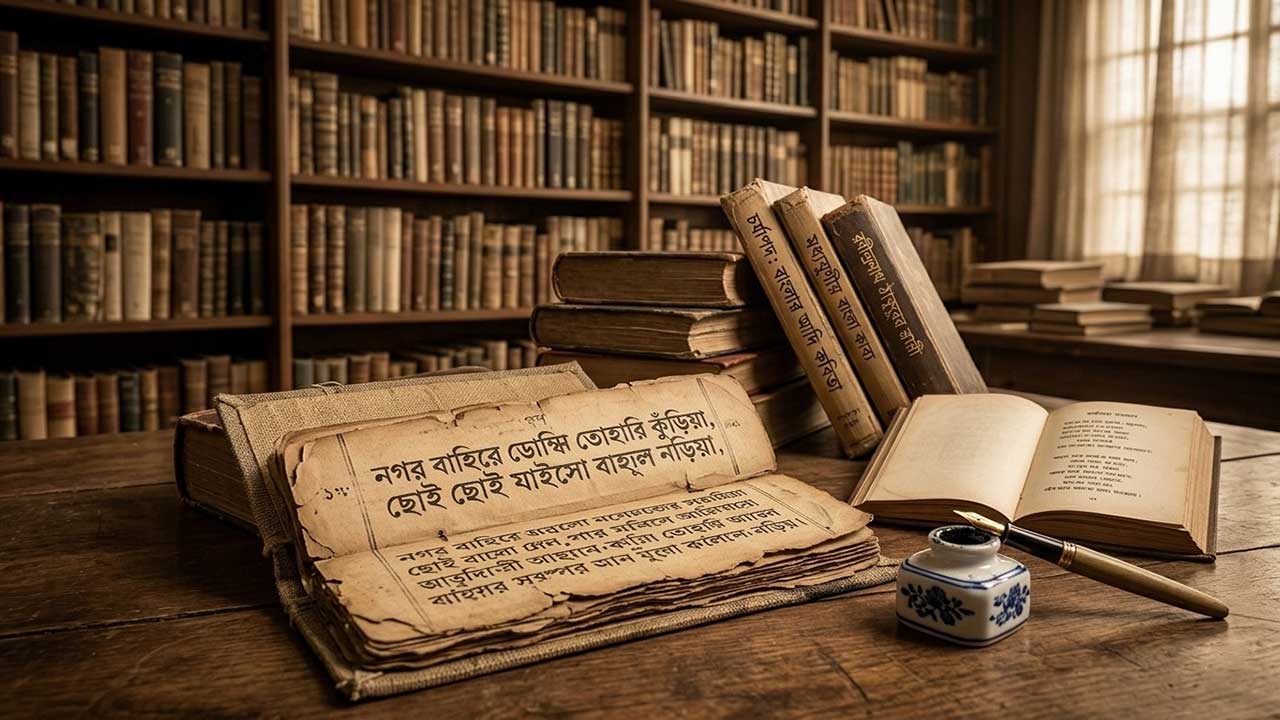 একটি প্রাচীন উন্মুক্ত পাণ্ডুলিপি, মাটির দোয়াত এবং ফাউন্টেন কলম একটি ধ্রুপদী লাইব্রেরির টেবিলে রাখা, যা বাংলা কবিতার হাজার বছরের ঐতিহ্য ও বিবর্তনকে ফুটিয়ে তুলছে।