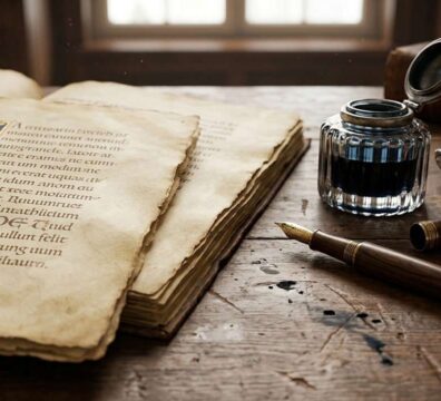 একটি পুরনো পাণ্ডুলিপি, ভিন্টেজ ফাউন্টেন পেন এবং কালির দোয়াতের শৈল্পিক চিত্র; যা বাংলা ছোটগল্পের ইতিহাস ও বিবর্তনের গাম্ভীর্য ফুটিয়ে তুলেছে।