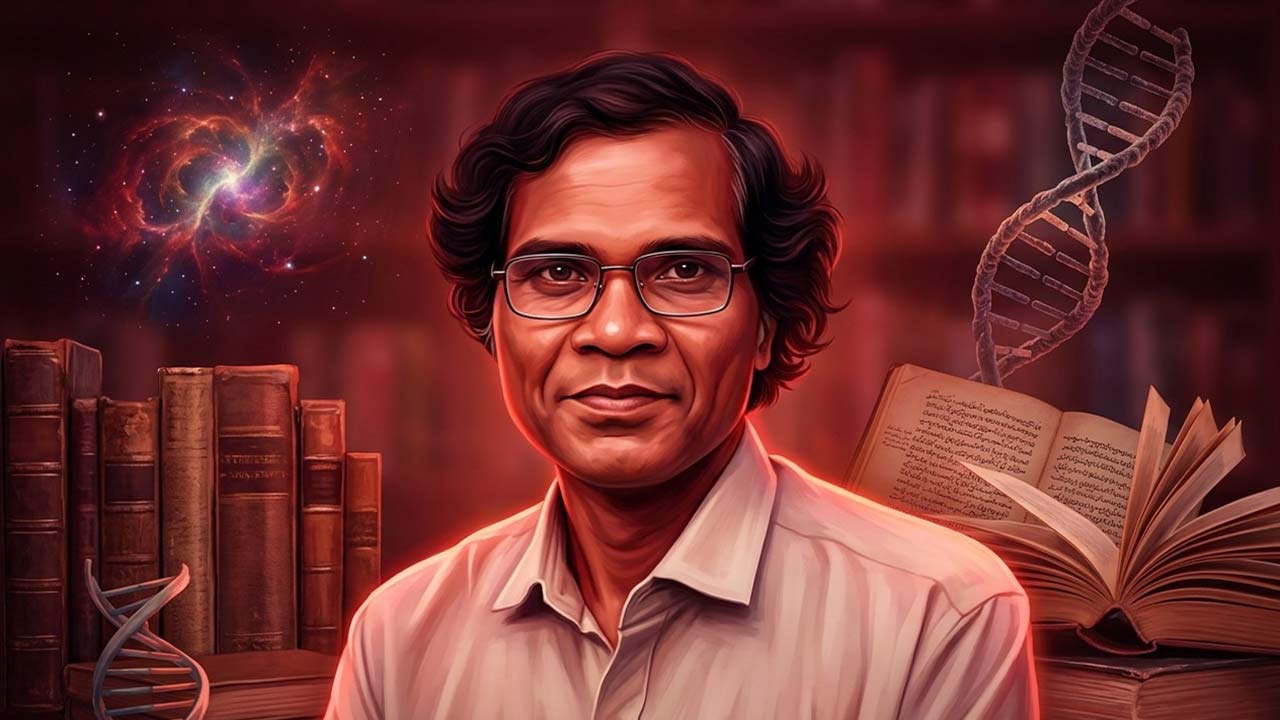 সমাজবিজ্ঞান ও প্রকৃতিবিজ্ঞান গবেষক অনুপ সাদির শৈল্পিক প্রতিকৃতি - লালচে আবহ ও বৈজ্ঞানিক রূপক