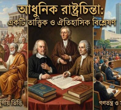 আধুনিক রাষ্ট্রচিন্তার তাত্ত্বিক বিবর্তনের একটি শিল্পসম্মত রূপায়ন: যেখানে মধ্যযুগীয় ধর্মীয় স্থবিরতা থেকে আধুনিক সার্বভৌম রাষ্ট্র ও যুক্তিনির্ভর রাজনৈতিক দর্শনের উত্তরণ চিত্রিত হয়েছে।