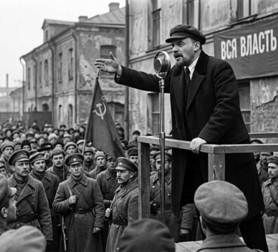 ১৯১৯ সালে ইহুদি-বিরোধী পোগ্রমের বিরুদ্ধে ভাষণরত ভি. আই. লেনিন; পেছনে উৎসুক জনতা এবং বৈপ্লবিক ব্যানার সংবলিত একটি ঐতিহাসিক সাদাকালো শৈল্পিক চিত্র।