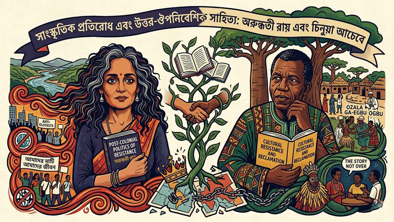সাংস্কৃতিক প্রতিরোধ ও উত্তর-ঔপনিবেশিক সাহিত্যের একটি ইলাস্ট্রেশন, যেখানে অরুন্ধতী রায় এবং চিনুয়া আচেবেকে তাঁদের বই হাতে প্রতিবাদী ও সাংস্কৃতিক প্রেক্ষাপটে দেখানো হয়েছে।