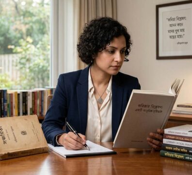 কবিতার বিশ্লেষণ ও সাহিত্য সমালোচনা নিয়ে গবেষণারত এক ব্যক্তি এবং বাংলা কবিতার বইয়ের সংগ্রহ।