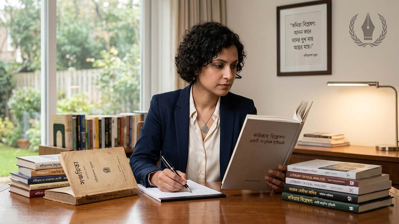 কবিতার বিশ্লেষণ ও সাহিত্য সমালোচনা নিয়ে গবেষণারত এক ব্যক্তি এবং বাংলা কবিতার বইয়ের সংগ্রহ।