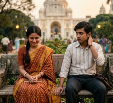 ১৯৭০-এর দশকের প্রেক্ষাপটে ভিক্টোরিয়া মেমোরিয়ালের সামনে বেঞ্চে বসা এক লাজুক তরুণ ও তরুণী, যেখানে তাদের অভিব্যক্তিতে প্রেমের প্রাথমিক দ্বিধা ও আড়ষ্টতা ফুটে উঠেছে।