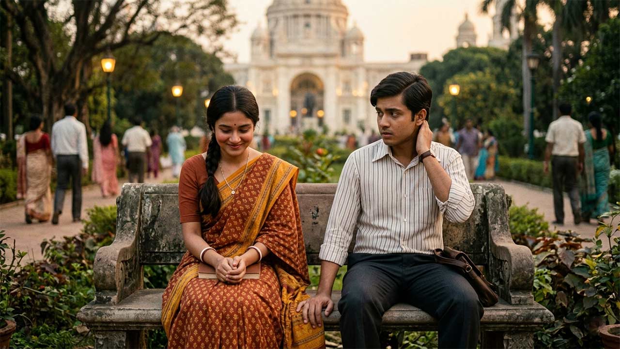 ১৯৭০-এর দশকের প্রেক্ষাপটে ভিক্টোরিয়া মেমোরিয়ালের সামনে বেঞ্চে বসা এক লাজুক তরুণ ও তরুণী, যেখানে তাদের অভিব্যক্তিতে প্রেমের প্রাথমিক দ্বিধা ও আড়ষ্টতা ফুটে উঠেছে।