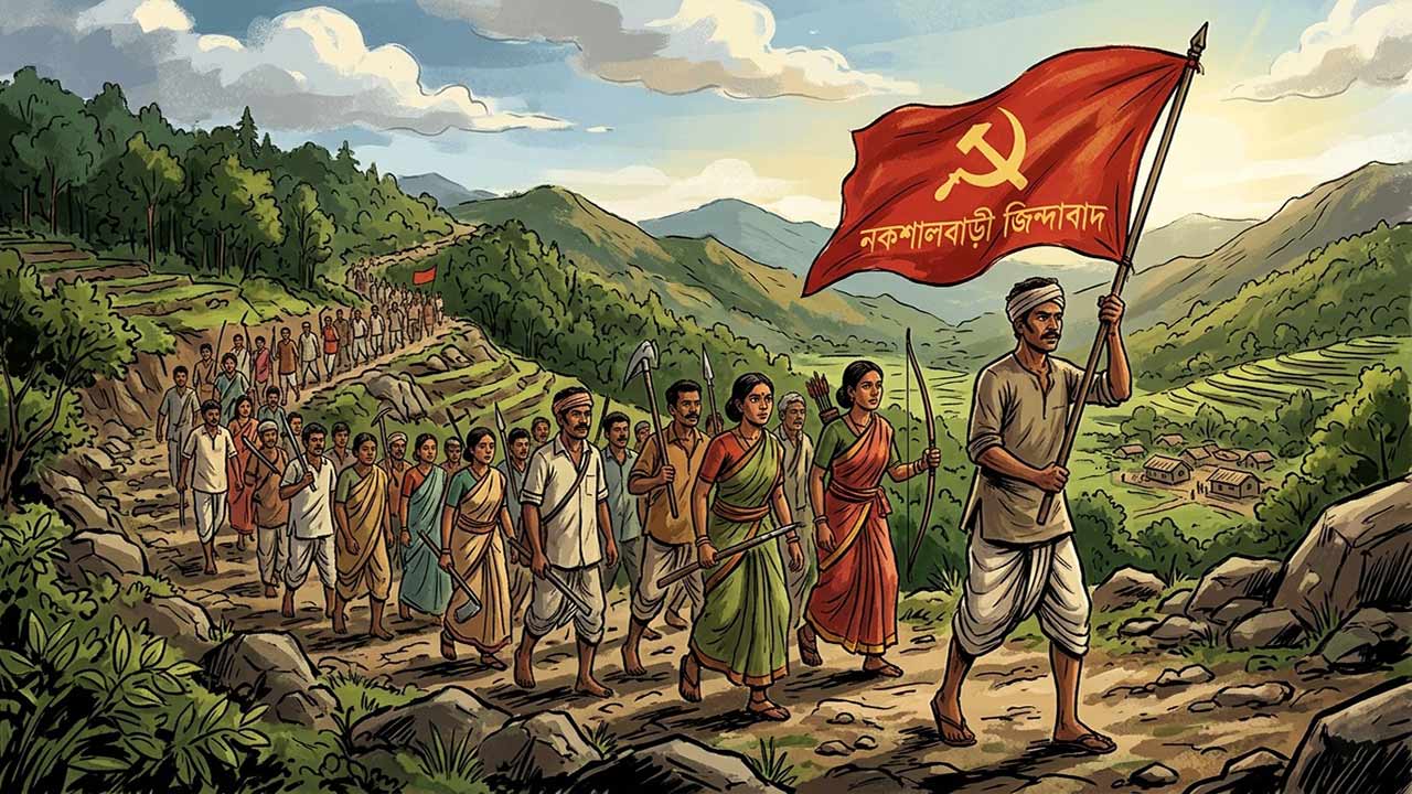 নকশালবাড়ি আন্দোলনে লাল পতাকা হাতে পাহাড়ি পথে দৃপ্ত পদক্ষেপে অগ্রসরমান একদল বিপ্লবী কৃষকের ইলাস্ট্রেশন।