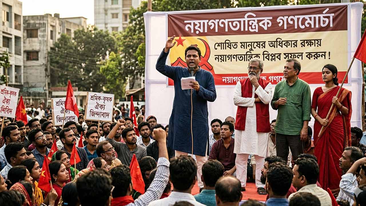 নয়াগণতান্ত্রিক গণমোর্চার সভায় বক্তব্য রাখছেন কেন্দ্রীয় নেতৃবৃন্দ