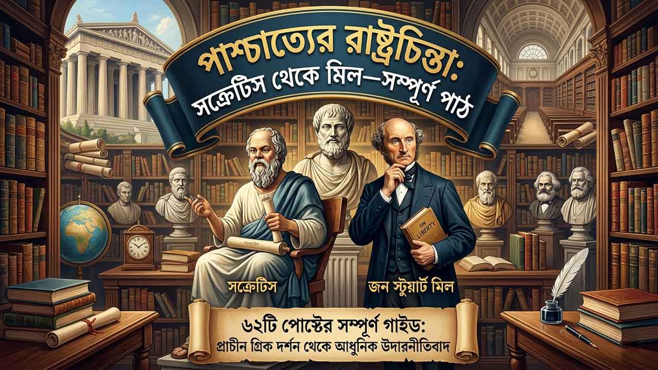 পাশ্চাত্যের রাষ্ট্রচিন্তা: সক্রেটিস থেকে মিল—সম্পূর্ণ পাঠ পেজের ফিচারড ইমেজ, যেখানে সক্রেটিস ও জন স্টুয়ার্ট মিলের প্রতিকৃতিসহ একটি ধ্রুপদী লাইব্রেরির দৃশ্য এবং ৬২টি পোস্টের নির্দেশিকা দেখা যাচ্ছে।