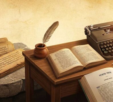 প্রাচীন চর্যাপদের তালপাতার পুঁথি, মধ্যযুগের দোয়াত-কলম এবং আধুনিক টাইপরাইটার ও বইয়ের সমন্বয়ে বাংলা সাহিত্যের হাজার বছরের বিবর্তনের একটি শৈল্পিক রূপরেখা।