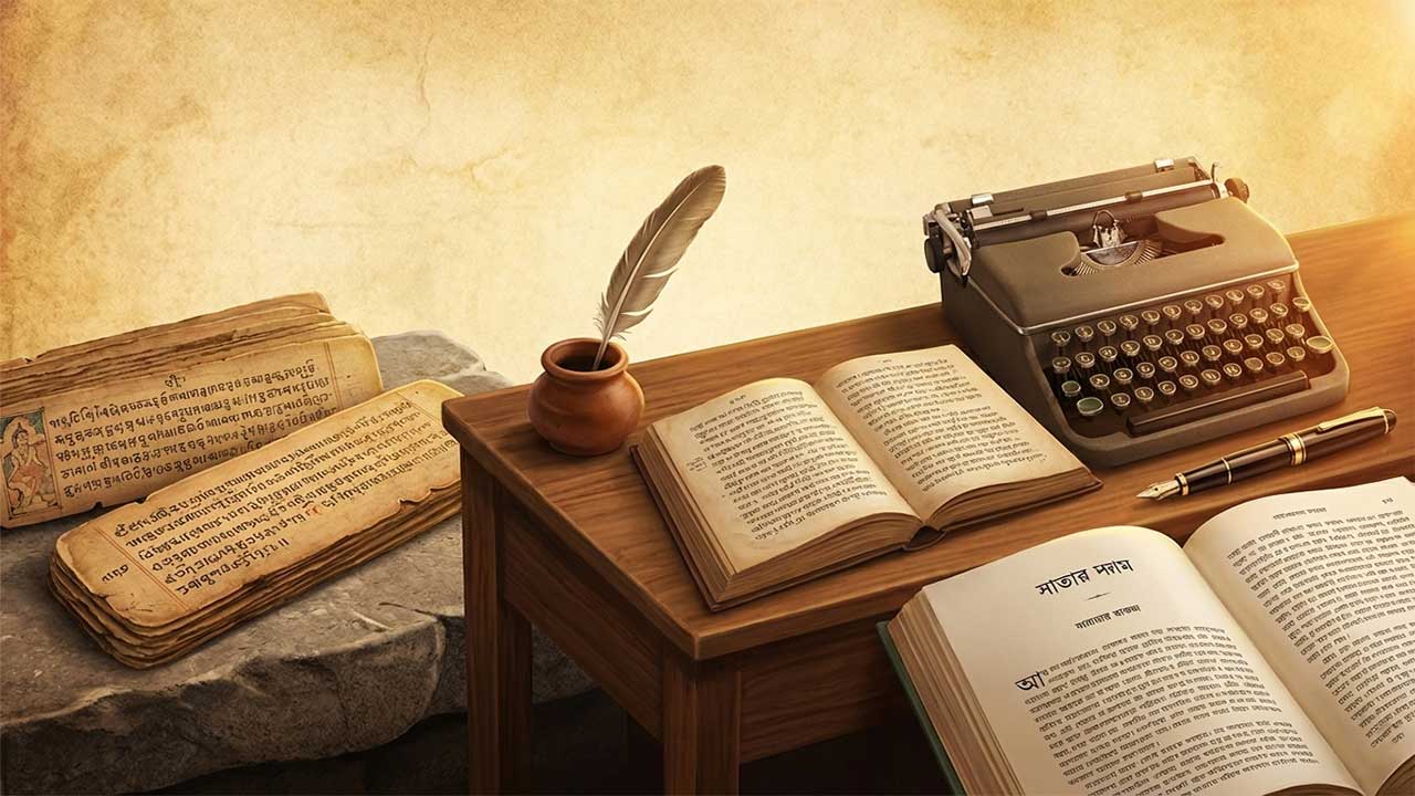 প্রাচীন চর্যাপদের তালপাতার পুঁথি, মধ্যযুগের দোয়াত-কলম এবং আধুনিক টাইপরাইটার ও বইয়ের সমন্বয়ে বাংলা সাহিত্যের হাজার বছরের বিবর্তনের একটি শৈল্পিক রূপরেখা।