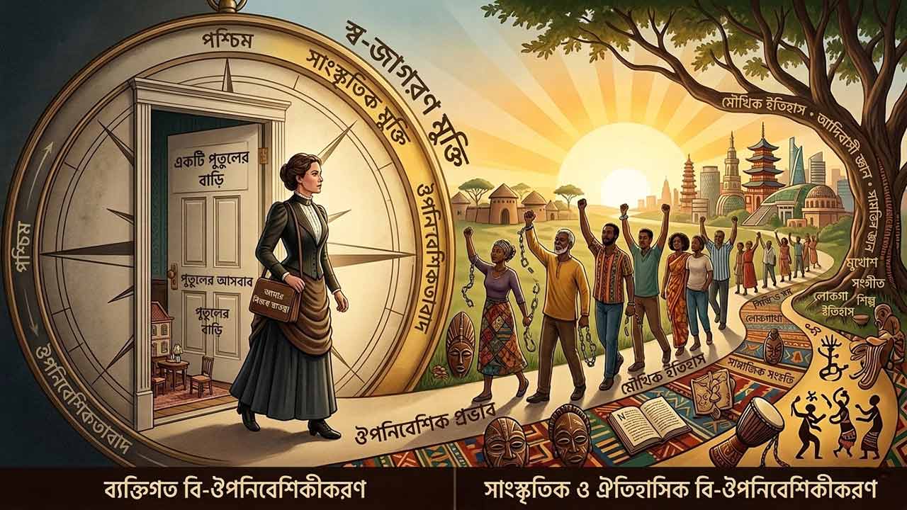 ব্যক্তিগত এবং সাংস্কৃতিক বি-উপনিবেশীকরণের একটি ইলাস্ট্রেশন, যেখানে হেনরিক ইবসেনের 'এ ডলস হাউস' থেকে নোরার মুক্তি এবং আফ্রো-এশীয় আদিবাসী জ্ঞান ও মৌখিক ইতিহাসের মাধ্যমে জাতীয় মানস জাগরণ চিত্রিত হয়েছে।