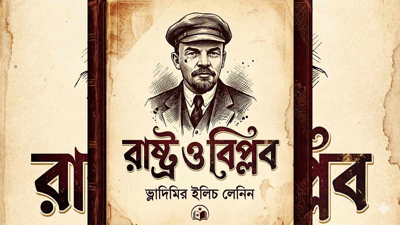 ভ্লাদিমির ইলিচ লেনিনের একটি কালজয়ী স্কেচ এবং শৈল্পিক বাংলা ফন্টে লেখা 'রাষ্ট্র ও বিপ্লব' বইয়ের শিরোনাম সম্বলিত একটি ভিনটেজ স্টাইলের ফিচারড ইমেজ।