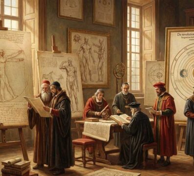 রেনেসাঁ যুগের একটি বুদ্ধিবৃত্তিক দৃশ্য যেখানে লিওনার্দো দা ভিঞ্চির ভিট্রুভিয়ান ম্যান এবং নিকোলাস কোপার্নিকাসের সূর্যকেন্দ্রিক মহাবিশ্বের ডায়াগ্রামের সামনে পণ্ডিতরা বৈজ্ঞানিক ও দার্শনিক আলোচনায় মগ্ন।