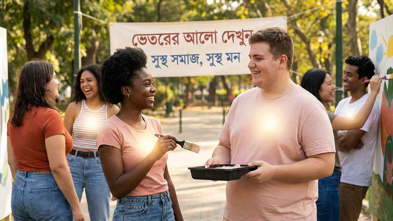 একটি পার্কে বিভিন্ন গায়ের রং এবং শারীরিক গঠনের একদল তরুণ-তরুণী হাসিমুখে একসাথে ছবি আঁকছে, যাদের প্রত্যেকের বুক থেকে একটি উজ্জ্বল আলো বিচ্ছুরিত হচ্ছে। পেছনে একটি ব্যানারে বাংলায় লেখা, "ভেতরের আলো দেখুন, সুস্থ সমাজ, সুস্থ মন।