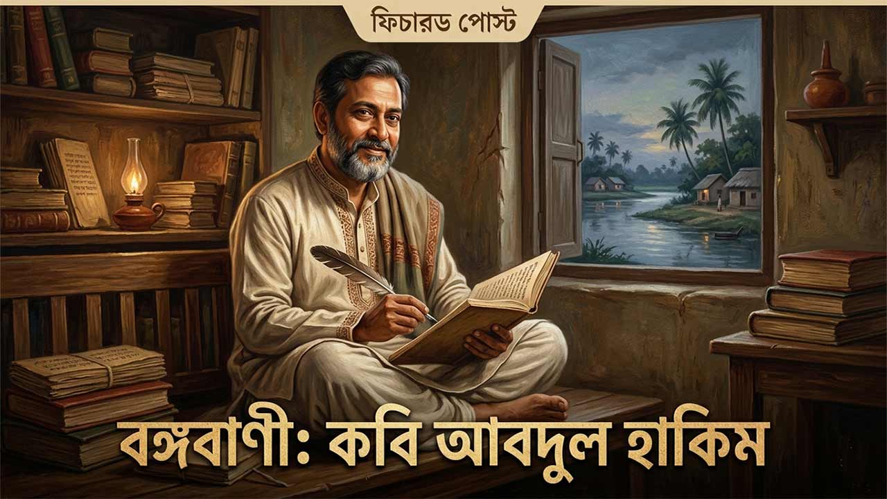 সপ্তদশ শতাব্দীর মধ্যযুগীয় বাঙালি কবি আবদুল হাকিমের একটি কাল্পনিক প্রতিকৃতি, যেখানে তাঁকে বই ও পালকের কলম হাতে কাব্যচর্চায় মগ্ন অবস্থায় দেখা যাচ্ছে এবং জানালার বাইরে সন্দ্বীপের মনোরম প্রাকৃতিক দৃশ্য দৃশ্যমান।