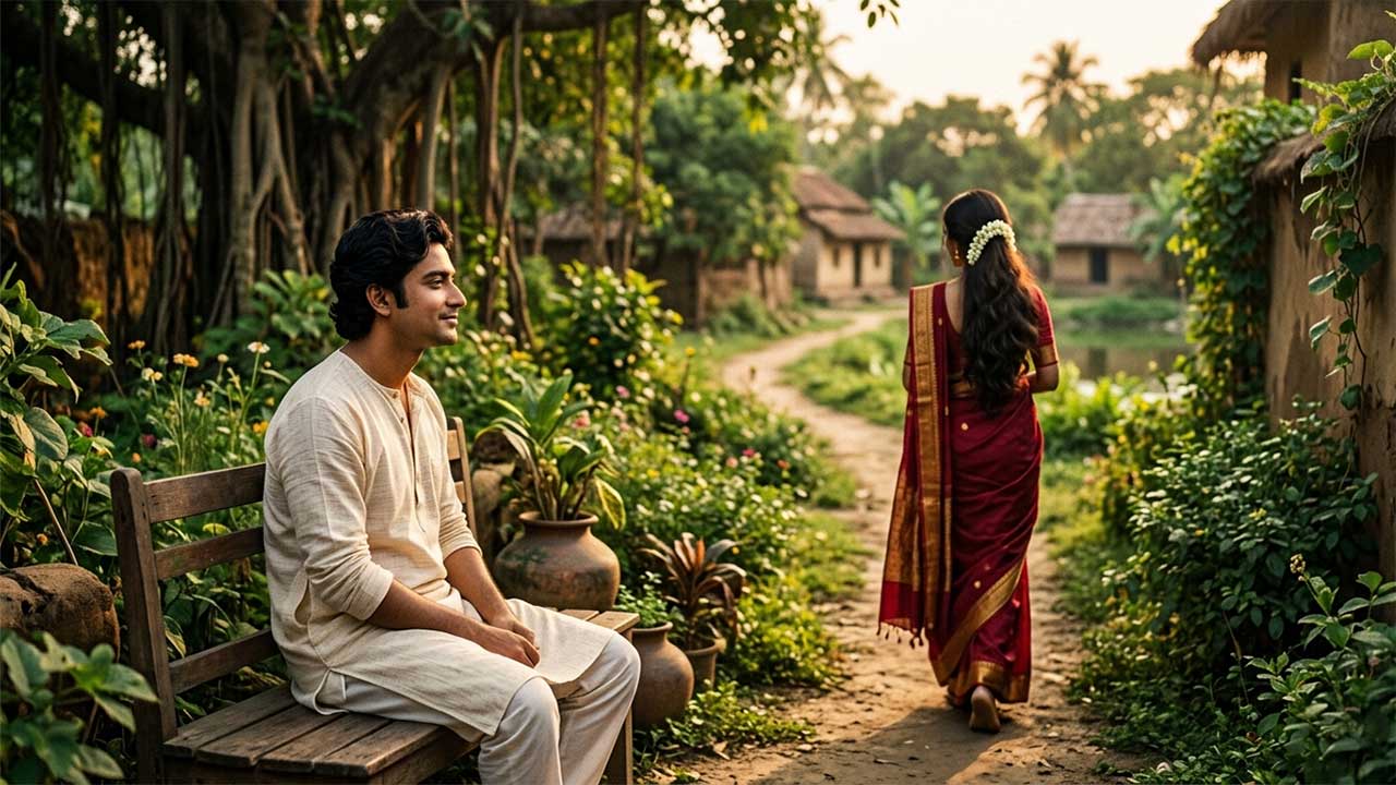 আমি চেয়ে চেয়ে দেখি সারাদিন গানের রোমান্টিক আবহ প্রকাশকারী একটি শৈল্পিক ছবি যেখানে একজন পুরুষ মুগ্ধ হয়ে তাকিয়ে আছেন এবং সামনে প্রকৃতির স্নিগ্ধতা ফুটে উঠেছে।