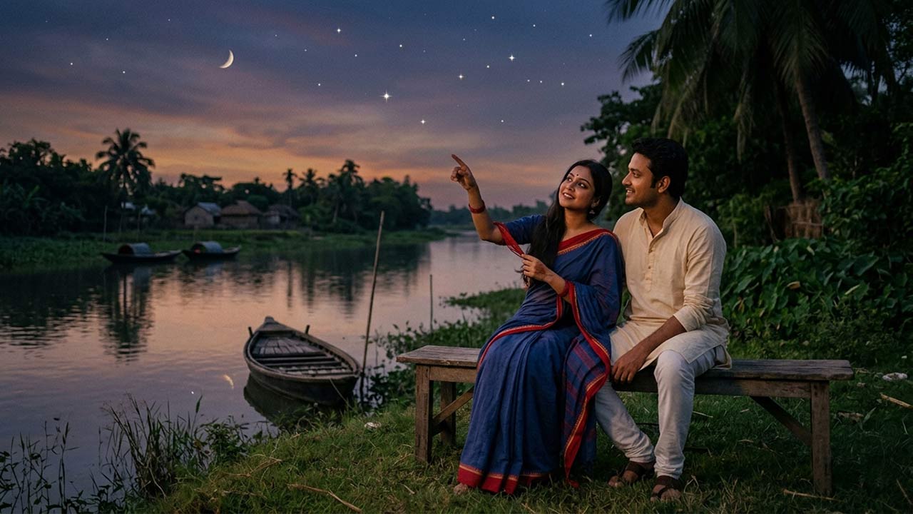 নদীর তীরে শান্ত সন্ধ্যায় এক যুগল আকাশের তারা দেখছে, যা গৌরীপ্রসন্ন মজুমদারের একটি দুটি তারা করে উঠি উঠি গানের মায়াবী আবহ ফুটিয়ে তুলছে।
