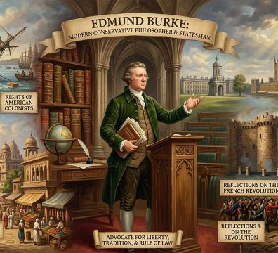 একটি ল্যান্ডস্কেপ আর্ট যেখানে ১৮শ শতাব্দীর একটি ক্লাসিক্যাল লাইব্রেরিতে এডমন্ড বার্ককে লিখতে দেখা যাচ্ছে। ছবির ওপরের অংশে ইংরেজি কিফ্রেজ যেমন 'Modern Conservative Philosopher', 'Rights of American Colonists', 'Justice for India' এবং 'Reflections on the French Revolution' লেখা রয়েছে যা বার্কের রাজনৈতিক ও দার্শনিক অবদানের সারসংক্ষেপ তুলে ধরে।