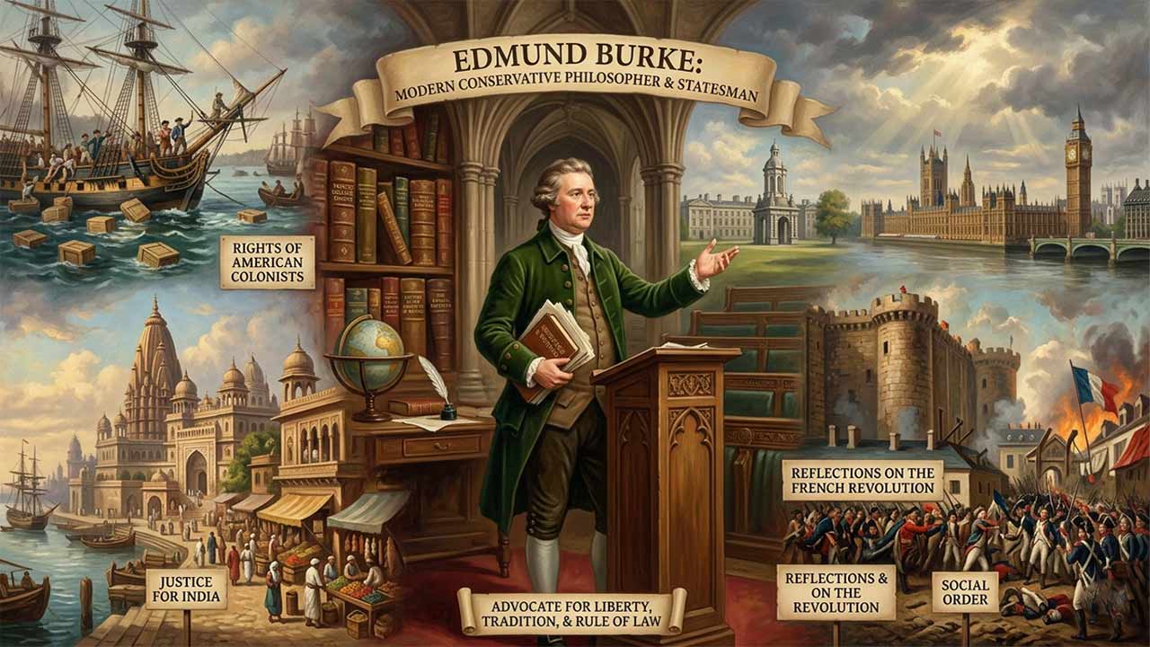 একটি ল্যান্ডস্কেপ আর্ট যেখানে ১৮শ শতাব্দীর একটি ক্লাসিক্যাল লাইব্রেরিতে এডমন্ড বার্ককে লিখতে দেখা যাচ্ছে। ছবির ওপরের অংশে ইংরেজি কিফ্রেজ যেমন 'Modern Conservative Philosopher', 'Rights of American Colonists', 'Justice for India' এবং 'Reflections on the French Revolution' লেখা রয়েছে যা বার্কের রাজনৈতিক ও দার্শনিক অবদানের সারসংক্ষেপ তুলে ধরে।