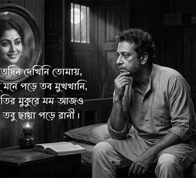 একটি সাদাকালো সিনেমাটিক ছবি যেখানে একজন মধ্যবয়সী বিষণ্ণ পুরুষকে একটি বিছানার ধারে বসে গভীর চিন্তায় মগ্ন দেখা যাচ্ছে। তার ঠিক পাশেই দেয়ালে ঝোলানো একটি বৃত্তাকার আয়নায় এক হাসিখুশি তরুণীর প্রতিচ্ছবি ফুটে উঠেছে, যা তার স্মৃতির প্রতিফলন। ঘরের টেবিলে একটি নিভন্ত লণ্ঠন এবং খোলা বই পড়ে আছে, আর জানালার বাইরে দিয়ে আসা হালকা আলো ঘরের বিষণ্ণতাকে আরও বাড়িয়ে তুলেছে। ছবির মাঝখানে বাংলায় গানের কয়েকটি পঙক্তি লেখা আছে।