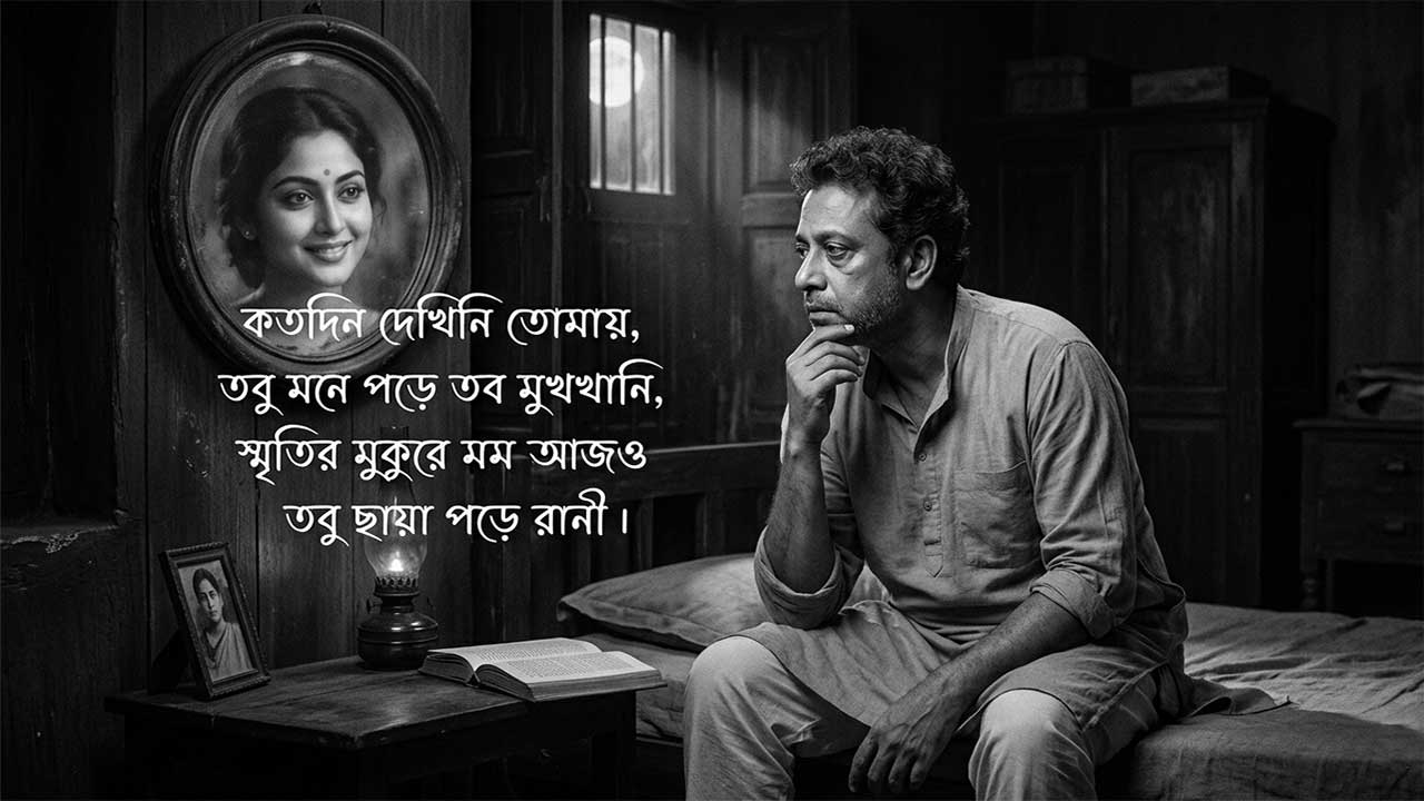 একটি সাদাকালো সিনেমাটিক ছবি যেখানে একজন মধ্যবয়সী বিষণ্ণ পুরুষকে একটি বিছানার ধারে বসে গভীর চিন্তায় মগ্ন দেখা যাচ্ছে। তার ঠিক পাশেই দেয়ালে ঝোলানো একটি বৃত্তাকার আয়নায় এক হাসিখুশি তরুণীর প্রতিচ্ছবি ফুটে উঠেছে, যা তার স্মৃতির প্রতিফলন। ঘরের টেবিলে একটি নিভন্ত লণ্ঠন এবং খোলা বই পড়ে আছে, আর জানালার বাইরে দিয়ে আসা হালকা আলো ঘরের বিষণ্ণতাকে আরও বাড়িয়ে তুলেছে। ছবির মাঝখানে বাংলায় গানের কয়েকটি পঙক্তি লেখা আছে।