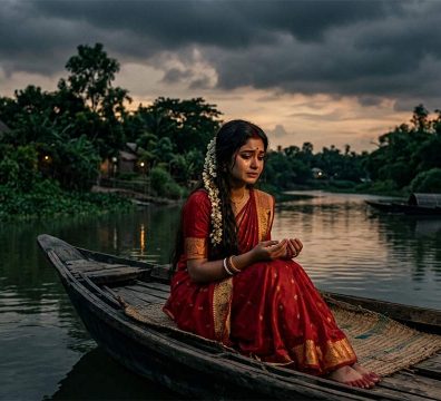 যমুনা নদীর তীরে নৌকায় বসে থাকা বিরহী রাধা বা শ্রীমতীর করুণ ছবি, যা শচীন দেববর্মণের 'খুলিয়া কুসুমসাজ শ্রীমতি যে কাঁদে' গানটিকে ফুটিয়ে তোলে।
