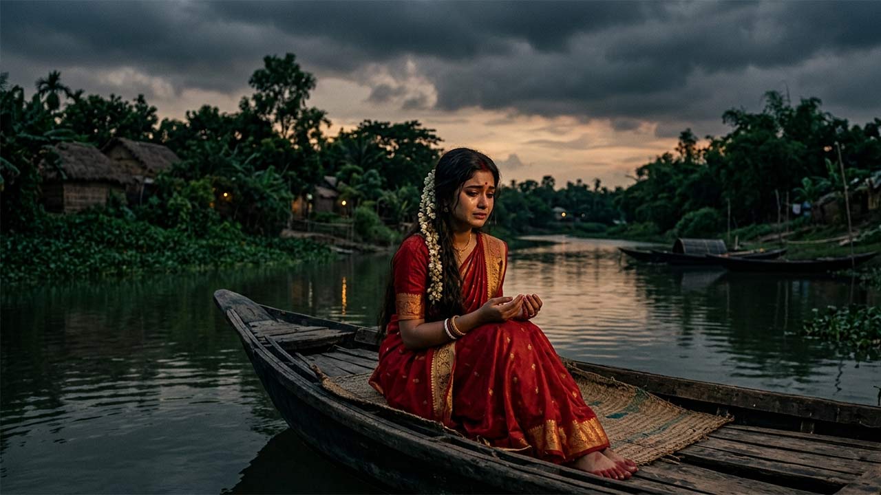যমুনা নদীর তীরে নৌকায় বসে থাকা বিরহী রাধা বা শ্রীমতীর করুণ ছবি, যা শচীন দেববর্মণের 'খুলিয়া কুসুমসাজ শ্রীমতি যে কাঁদে' গানটিকে ফুটিয়ে তোলে।