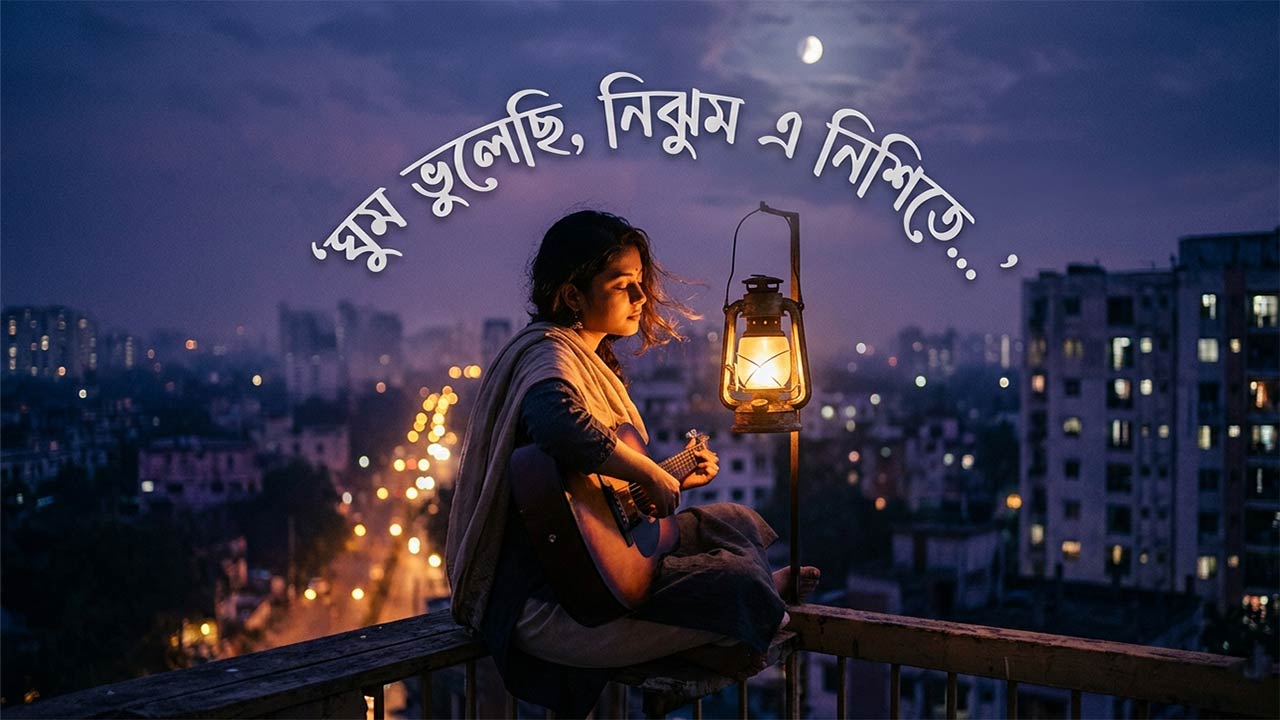 নিঝুম রাতে বারান্দায় বসে একাকী বিষণ্ণ মনে গান গাওয়ার একটি দৃশ্য যা 'ঘুম ভুলেছি নিঝুম এ নিশীথে' গানটির আবহ প্রকাশ করে।