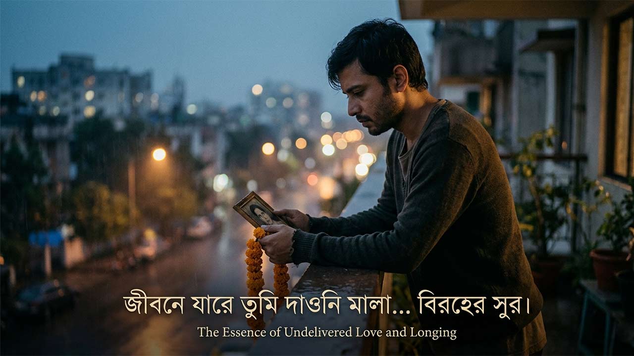 জীবনে যারে তুমি দাওনি মালা গানের প্রতীকী চিত্র—ব্যর্থ প্রেম ও বিরহী স্মৃতির এক বিষাদময় দৃশ্য।
