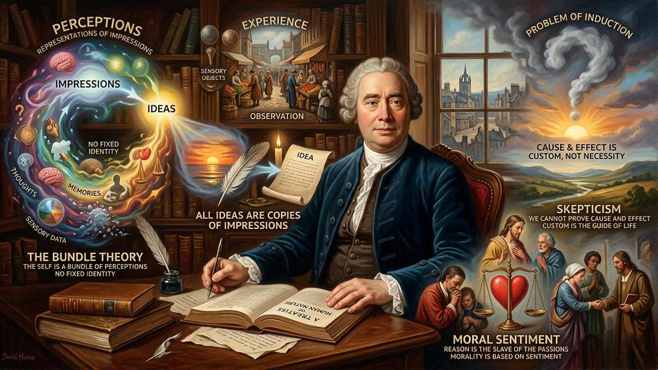 দার্শনিক ডেভিড হিউমের প্রতিকৃতি এবং তাঁর অভিজ্ঞতাবাদ, গুচ্ছ তত্ত্ব ও কার্যকারণ সম্পর্কের দর্শনের চিত্রায়ন।