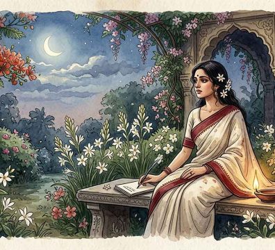 তব মুখখানি খুঁজিয়া ফিরি' গানের প্রেক্ষাপটে একটি জলরঙের চিত্র, যেখানে জ্যোৎস্না রাতে বাগানে বসে সাদা শাড়ি পরা এক নারী চিঠি লিখছেন এবং চারপাশে সাদা ফুল ও বিরহের আবহ ফুটে উঠেছে।