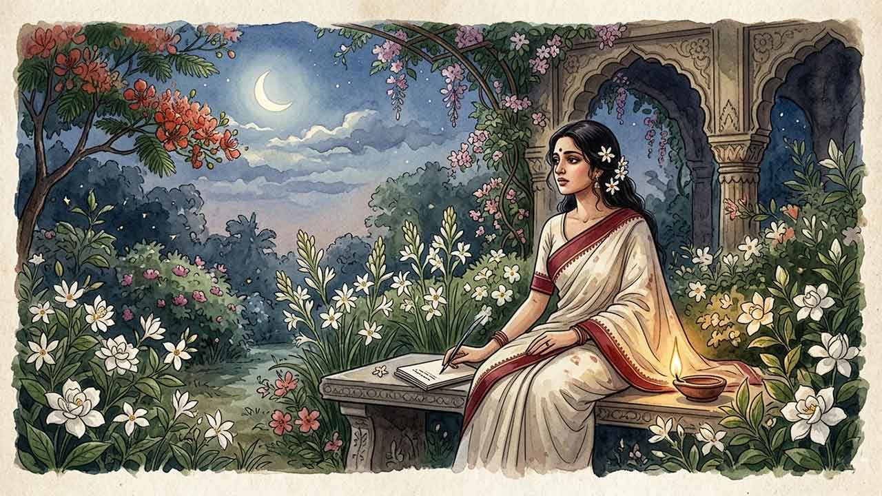 তব মুখখানি খুঁজিয়া ফিরি' গানের প্রেক্ষাপটে একটি জলরঙের চিত্র, যেখানে জ্যোৎস্না রাতে বাগানে বসে সাদা শাড়ি পরা এক নারী চিঠি লিখছেন এবং চারপাশে সাদা ফুল ও বিরহের আবহ ফুটে উঠেছে।