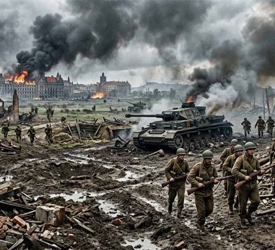 দ্বিতীয় বিশ্বযুদ্ধের ধ্বংসপ্রাপ্ত রণাঙ্গনে অগ্রসরমান সৈন্যদল এবং ট্যাঙ্ক।