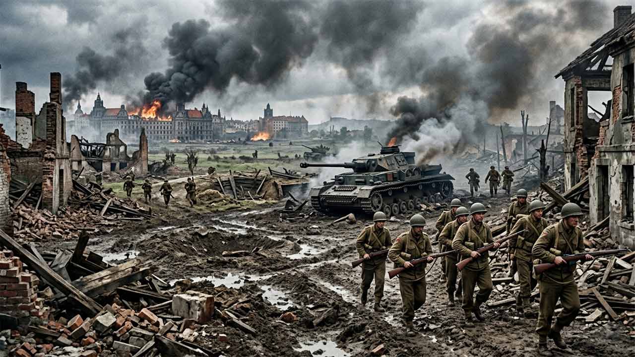 দ্বিতীয় বিশ্বযুদ্ধের ধ্বংসপ্রাপ্ত রণাঙ্গনে অগ্রসরমান সৈন্যদল এবং ট্যাঙ্ক।