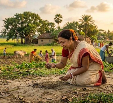 বাংলার চিরচেনা গ্রামবাংলার স্নিগ্ধ রূপ এবং ফসলের মাঠের মাঝে এক নারীর মাটির প্রতি মমতা।