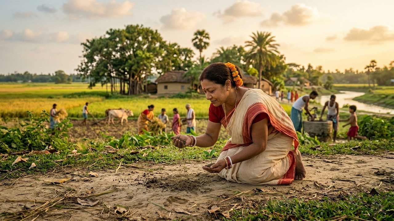 বাংলার চিরচেনা গ্রামবাংলার স্নিগ্ধ রূপ এবং ফসলের মাঠের মাঝে এক নারীর মাটির প্রতি মমতা।