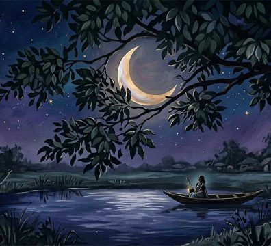 পিয়াল শাখার ফাঁকে বাঁকা একফালি চাঁদ এবং নৌকায় বসে থাকা প্রিয়তমার মায়াবী রোমান্টিক আবহ।