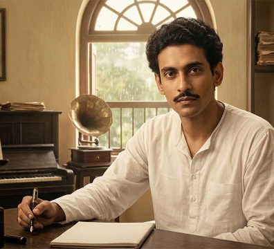 বাংলা গানের স্বর্ণযুগের প্রখ্যাত গীতিকার ও কবি প্রণব রায়ের একটি সৃজনশীল চিত্র, যেখানে তাঁকে কলম হাতে গান লিখতে দেখা যাচ্ছে এবং পটভূমিতে পিয়ানো, গ্রামোফোন ও রবীন্দ্রনাথ ঠাকুরের ছবিসহ একটি ধ্রুপদী সংগীত কক্ষের আবহ ফুটিয়ে তোলা হয়েছে।
