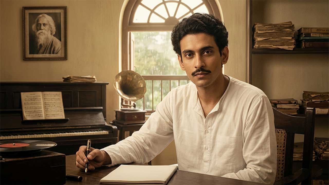বাংলা গানের স্বর্ণযুগের প্রখ্যাত গীতিকার ও কবি প্রণব রায়ের একটি সৃজনশীল চিত্র, যেখানে তাঁকে কলম হাতে গান লিখতে দেখা যাচ্ছে এবং পটভূমিতে পিয়ানো, গ্রামোফোন ও রবীন্দ্রনাথ ঠাকুরের ছবিসহ একটি ধ্রুপদী সংগীত কক্ষের আবহ ফুটিয়ে তোলা হয়েছে।