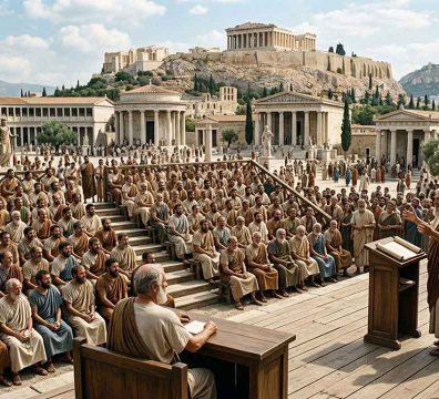 প্রাচীন এথেন্সের এক জনাকীর্ণ উন্মুক্ত আদালত বা অ্যাটিক ডিকাস্টেরিয়নের দৃশ্য, যেখানে বিচারক বা ডাইকাস্টগণ সারিবদ্ধভাবে বসে আছেন এবং একজন বক্তা তাদের সামনে বক্তব্য রাখছেন; পটভূমিতে পার্থেননসহ এথেন্সের ঐতিহাসিক স্থাপত্য ও পাহাড় দেখা যাচ্ছে।