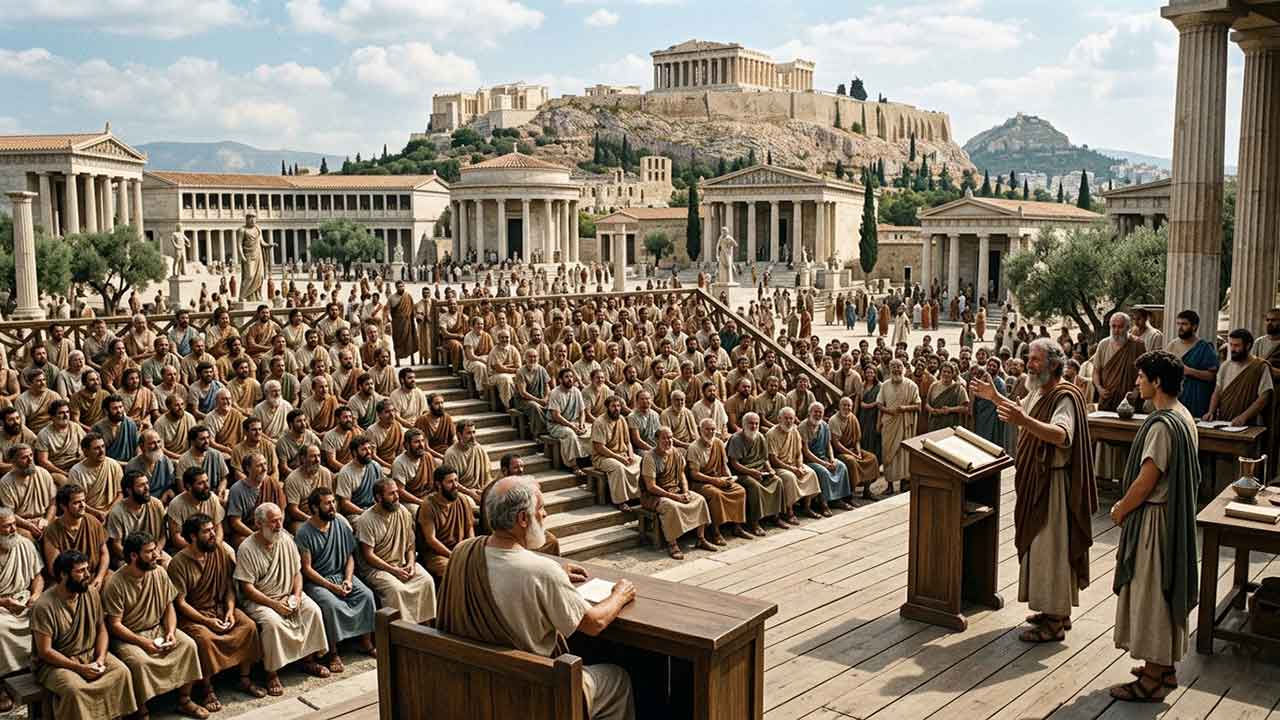 প্রাচীন এথেন্সের এক জনাকীর্ণ উন্মুক্ত আদালত বা অ্যাটিক ডিকাস্টেরিয়নের দৃশ্য, যেখানে বিচারক বা ডাইকাস্টগণ সারিবদ্ধভাবে বসে আছেন এবং একজন বক্তা তাদের সামনে বক্তব্য রাখছেন; পটভূমিতে পার্থেননসহ এথেন্সের ঐতিহাসিক স্থাপত্য ও পাহাড় দেখা যাচ্ছে।