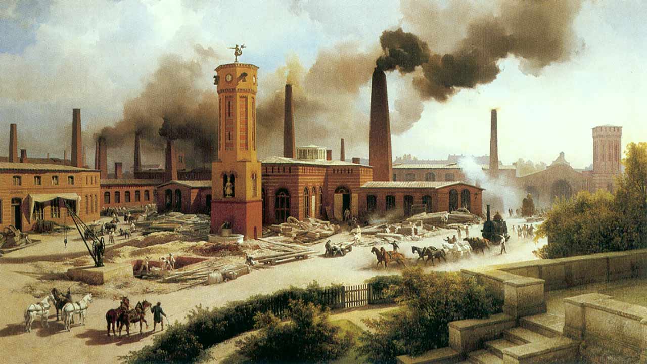 কার্ল এদুয়ার্দ বিয়ারম্যানের আঁকা বার্লিনের বিখ্যাত বরসিগ ইঞ্জিনিয়ারিং কারখানা; যা ১৯ শতকের ইউরোপীয় শিল্প বিকাশের প্রতীক।