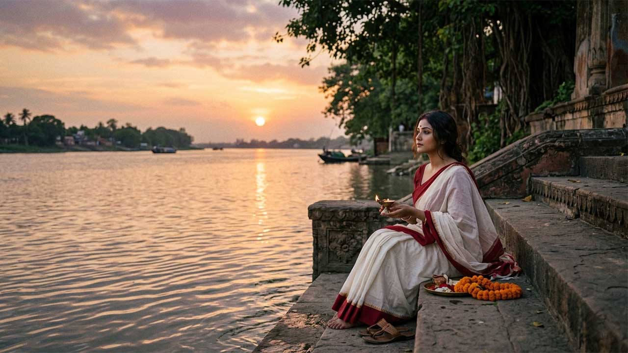 গোধূলি বেলায় নদীর ঘাটে সাদা-লাল শাড়িতে বিষণ্ণ এক নারী প্রতীক্ষারত, "বলেছিলে তুমি তীর্থে আসিবে" গানের বিরহী আবহ প্রকাশ করছে।