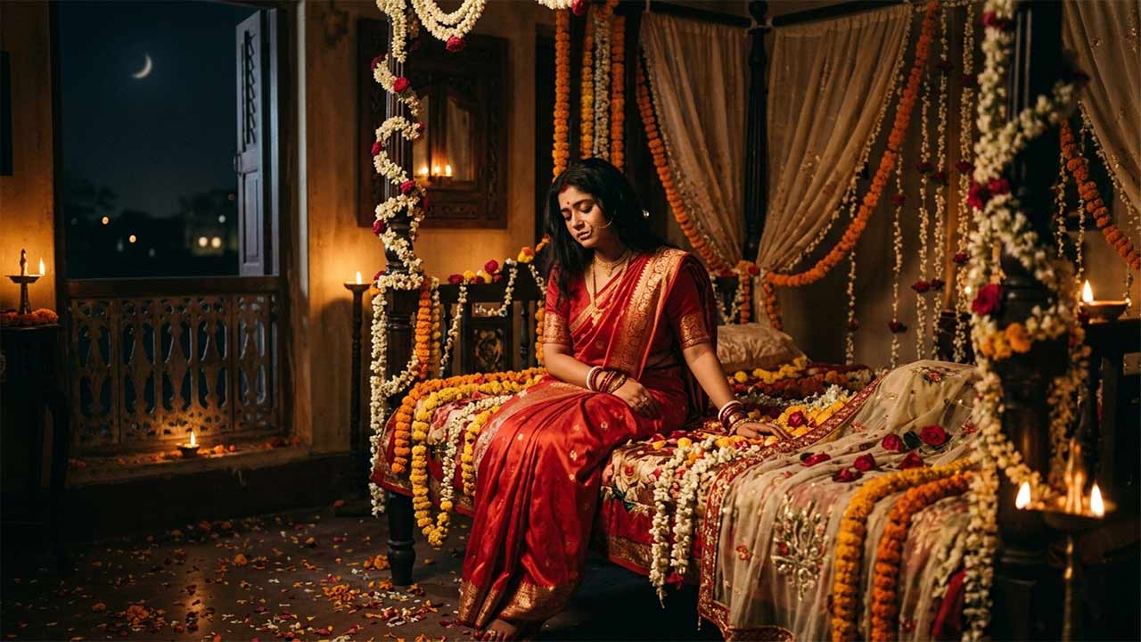 একটি সজ্জিত ফুলের বাসরে লাল শাড়ি পরিহিত বিষণ্ণ নারী বসে আছেন যা শচীন দেববর্মণের বাজে না বাঁশি গো গানের বিরহী আবহকে ফুটিয়ে তুলছে।