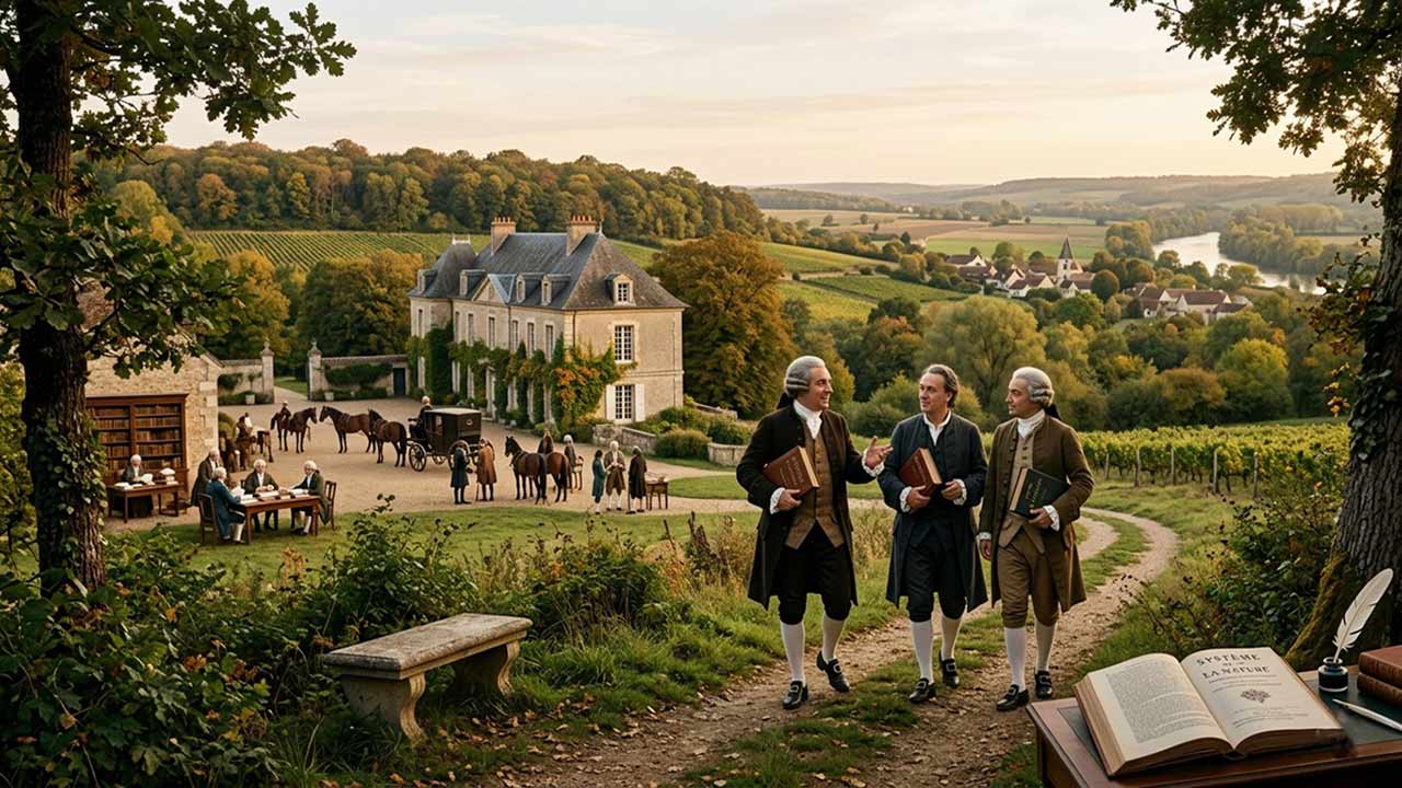 ১৮শ শতাব্দীর ফরাসি আলোকায়নের প্রেক্ষাপটে ব্যারন ডি হলবাক ও তাঁর বস্তুবাদী দর্শনের প্রতীকী প্রতিফলন এবং 'লা সিস্তেম দা লা ন্যাচার' গ্রন্থের একটি ল্যান্ডস্কেপ চিত্র।