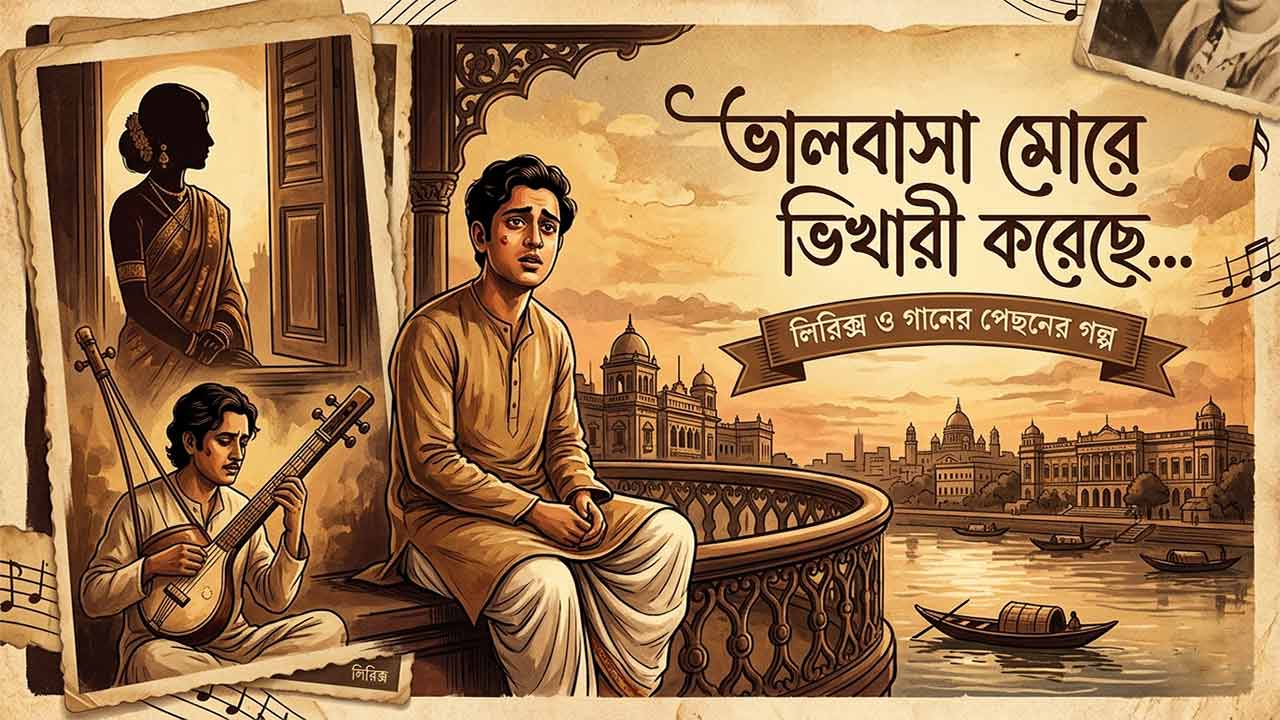 ভালোবাসা মোরে ভিখারী করেছে তোমারে করেছে রাণী গানের লিরিক্স ও ইতিহাস বিষয়ক শৈল্পিক ফিচারড ইমেজ।