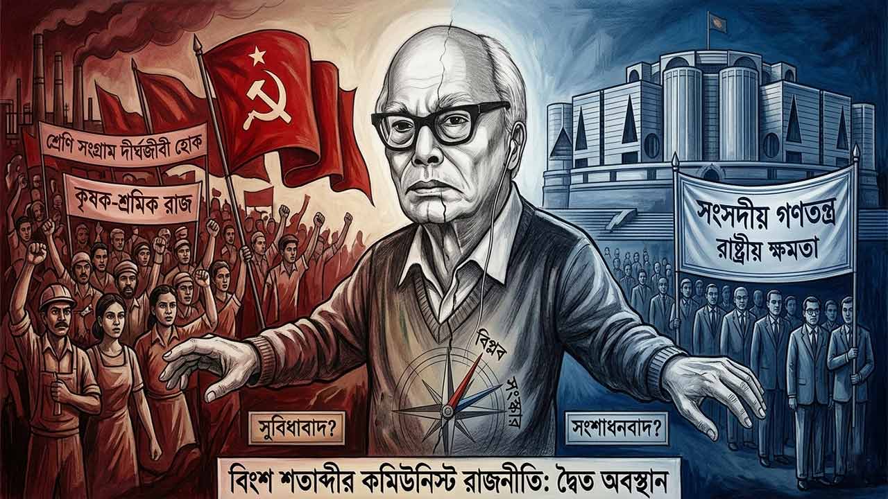 মণি সিংহ এবং বিংশ শতাব্দীর কমিউনিস্ট রাজনীতিতে আদর্শিক দোদুল্যমানতা ও দ্বৈত অবস্থানের একটি প্রতীকী ইলাস্ট্রেশন।