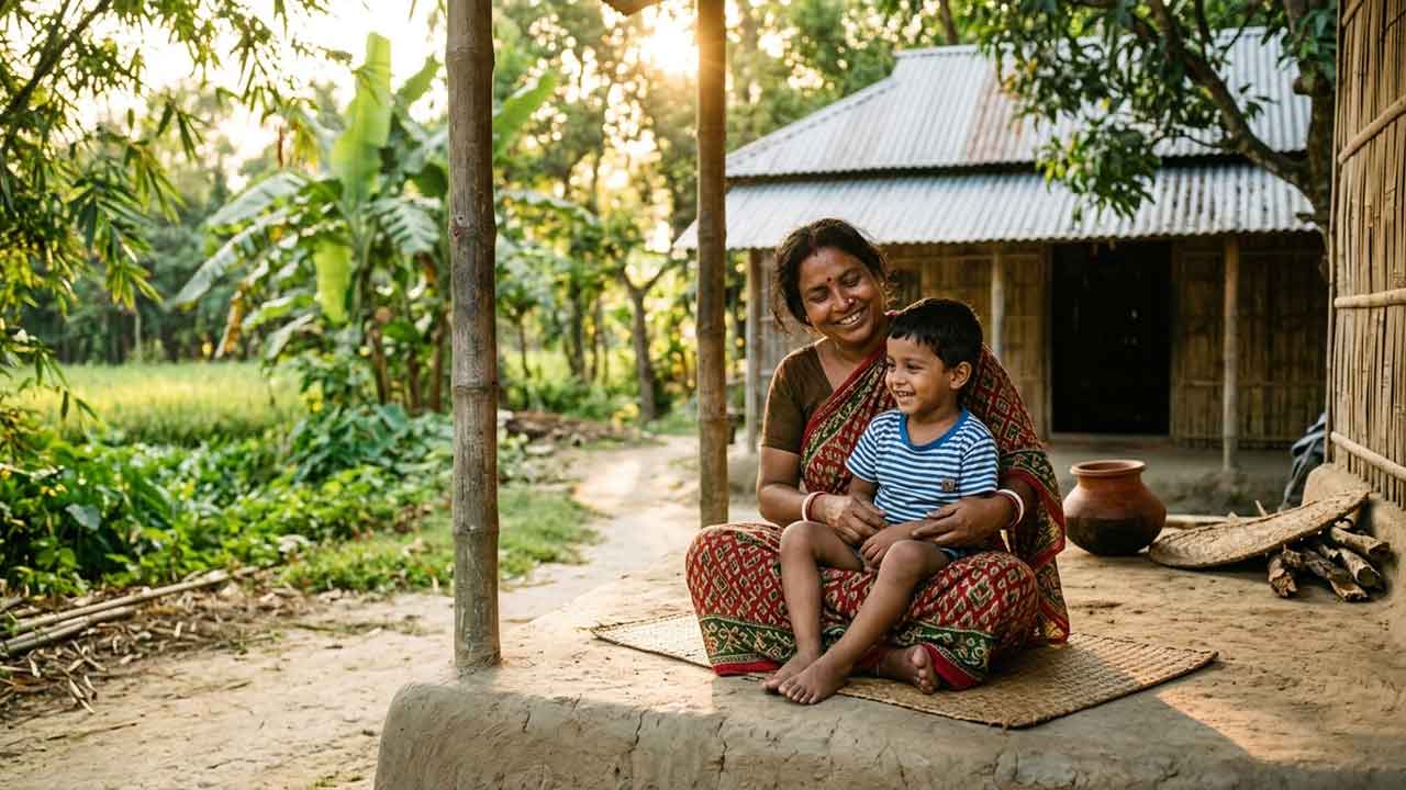 একটি গ্রামবাংলার বাড়ির উঠানে মাদুরে বসে থাকা হাস্যোজ্জ্বল মা ও তাঁর ছোট সন্তান, যেখানে বিকেলের সোনালী রোদ বাঁশবাগান ও টিনের ঘরের ওপর এসে পড়েছে।